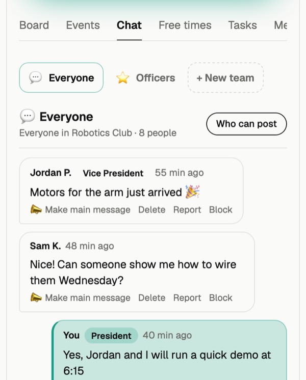 Club chat with messages from members and officers