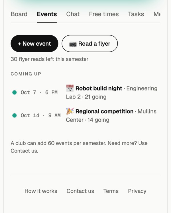 Club events with how many people are going